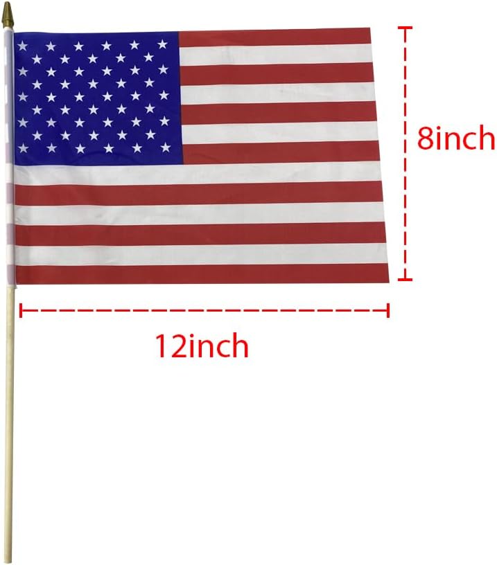 50Pcs 8 x 12 Inch Mini US HandHeld Stick Flags, Wooden Pole Golden Spear Tip Small American Flags, For Yard, Independence Day, Memorial Day, 4th of July Decorations