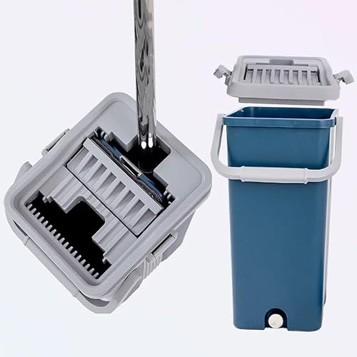 Flat Squeeze Mop and Bucket Set with Self-Wringing System | Hands-Free Wringing, Stainless Steel Handle, Built-In Wringer Lid, Floor Cleaning, Drain Valve Bucket