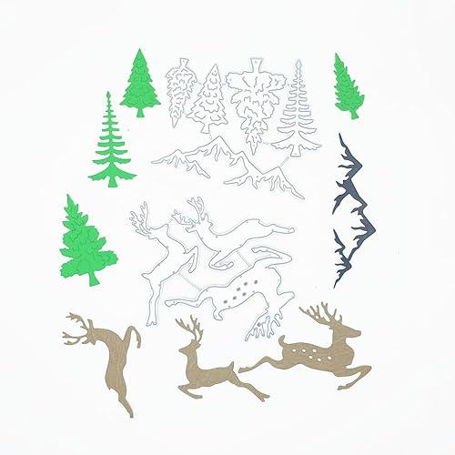 Plantillas de troqueles de metal, pino, ciervo, reno, alce, nieve, montaña, invierno, Navidad, troqueles de corte, plantillas en relieve, molde de