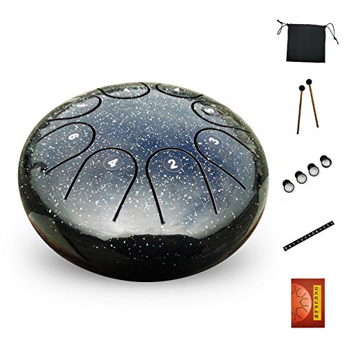 AS TEMAN Batterie portable Starry Steel Tongue Drum, 6 pouces 8 notes en acier avec sac, livre de musique, maillets, autocollants pour notes, choix de doigts (noir rigide) Cover