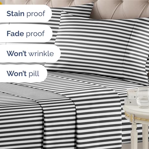Image of Full 4 Piece Striped Sheet Set - Breathable & Cooling - Black Pinstripe