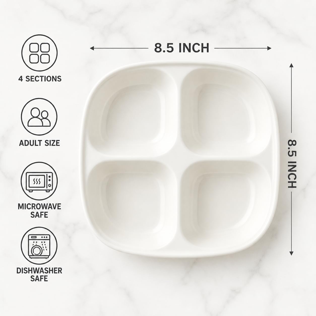 Ceramic Portion Control Plate 8.5 Inch for Weight Loss 4-Compartment Divided Plates for Adults - 2 Pack Dinner Plate for Healthy Eating, Reusable Dishwasher Microwave Safe