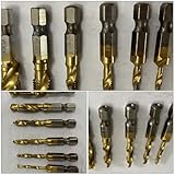 6pc Hex Shank Composite Spiral Tap and Drill Bit Set M3-m10 Titanium Coated High-Speed Steel Threading Tool for Metalworking and Mechanical Drilling with Plastic Storage Case