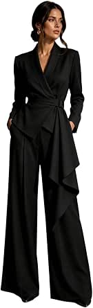Women's Two-Piece Belted Wrap Blazer and Wide-Leg Pants Suit