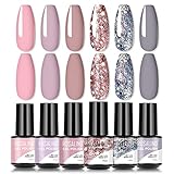 ROSALIND Esmaltes Semipermanentes Kit de Uñas de Gel UV LED 6pcs Pintauñas Color Pastel Uñas Semipermanentes Kit Completo Semipermanente Purpurina Mini Desnuda Rosa 6 Colores Kit de Esmaltes de Uñas