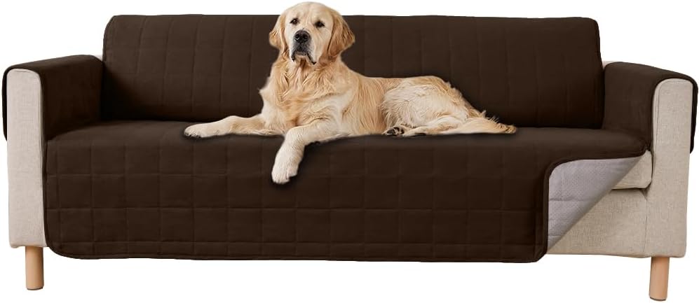 Gorilla Grip Patented Waterproof Slip-Resistant 70” Sofa Protector Cover, for Leather or Fabric Couch Cushion, Large Microsuede Furniture Covers Dogs Pets Machine Washable Slipcover, Brown