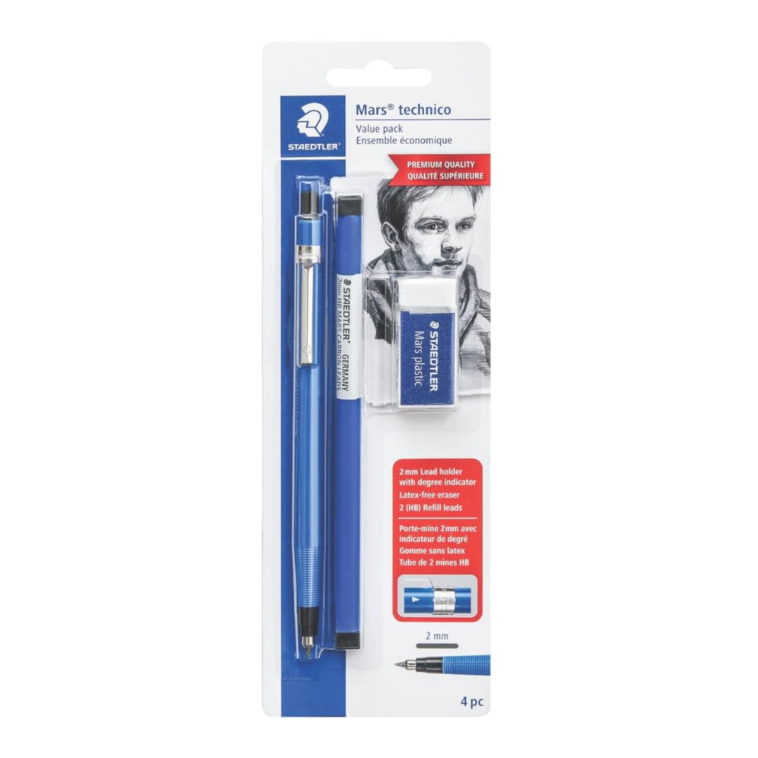 STAEDTLER Mars Technisches Druckbleistift-Set, Blau, 12 Stück | 1 Bleistift - 2 mm, 1 Radiergummi, 2 ea 2H Minen 4 Stück