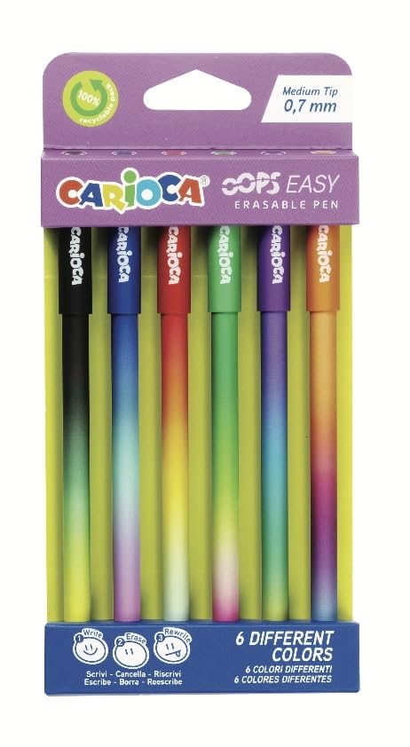 Carioca Oops Easy Penne cancellabili colori assortiti | Scatola di 6 penne cancellabili con inchiostro termosensibile | Aspetto colori sfumati | Punta Ø 0,7 mm | 6 pezzi