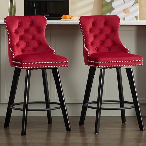 Image of YITAI Modern Swivel Set of 4 Velvet Barstools with Large Backrest and Sturdy Metal Footrest,Button Tufted Rivet Trim Dining Room Chairs with Metal Pull Ring for Kitchen Island,Home Bar,Bistro, Red