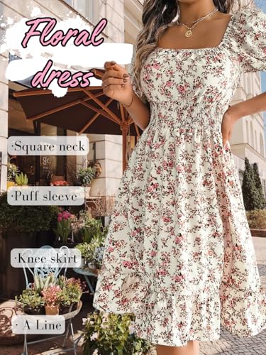 Off-The-Shoulder Dress, Floral Puff Sleeve, Knee-Length A-Line, Bohemian Flower Square-Neck Boho2