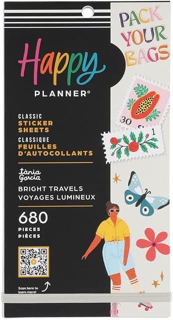 Happy Planner Sticker Pack for Calendars, Journals, and Diary Planners, Multicoloured Scrapbook Accessories, Bright Travels Theme, Classic Size, 30 Sheets, 680 Total Stickers