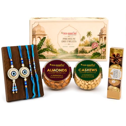 Image of TIED RIBBONS Rakhi for Brother and Bhabhi Kids with Chocolate and Dry Fruit Gift Hamper - Evil Eye Family Rakhi Set of 4 with Rocher Chocolates and Dryfruits Almonds Cashew - Rakhi Gift for Bhaiya Bhabhi Set
