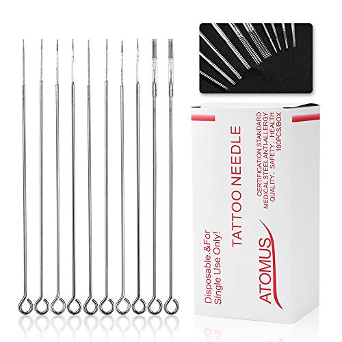 Tattoo Needles Kit, ATOMUS Assorted Sterilized Tattoo Needles 3rl 5rl 7rl 7rl 3rs 5rs 7rs 9rs 5m1 7m1 for Tattoo Supplies Machine (100pcs Tattoo Needles)