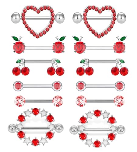 14G Nipple Rings for Women 316L Stainless Steel Heart Cherry,Star Butterfly Nipple Barbell CZ Cute Nipple Rings Set Nipplerings Piercing Jewelry