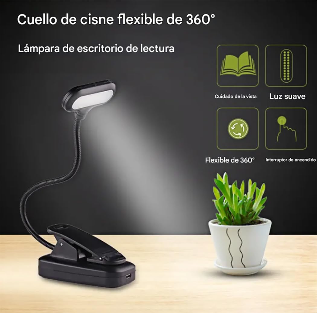 Luz lectura de libro con pinza de 5 leds, cuello flexible ajustable 360º, 3 pilas AAA NO incluidas, Lámpara portátil noche cama escritorio infantil estudiar (3 Pilas AAA NO incluidas)