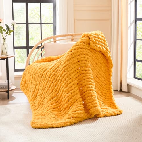 Image of L'AGRATY Chunky Knit Throw Blanket for Couch, 40 x 50 Inches Mustard Yellow