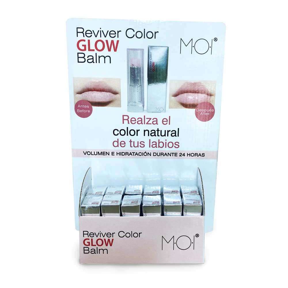Expositor de sobremesa con 12 bálsamos labiales Reviver color GLOW Balm