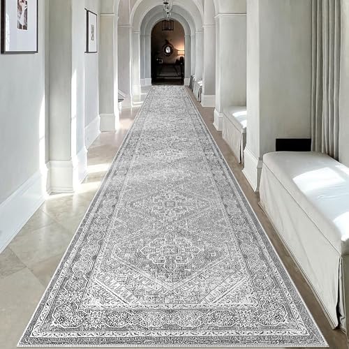 KUTA Extra Long Runner Rug for Hallway 2.6x18ft, Oriental Washable Kitchen Rugs, Grey Non-Slip Stair Runners Indoor Soft Printed Vintage Floral Medallion Carpet for Bedroom Living Room Nursery