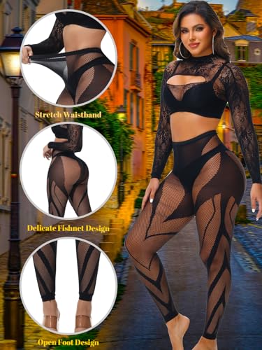 Image of Women Sexy Tights Fishnet Opening Leggings Stripe Pantyhose Black Socks Lingerie Pants Plus Size Fit All