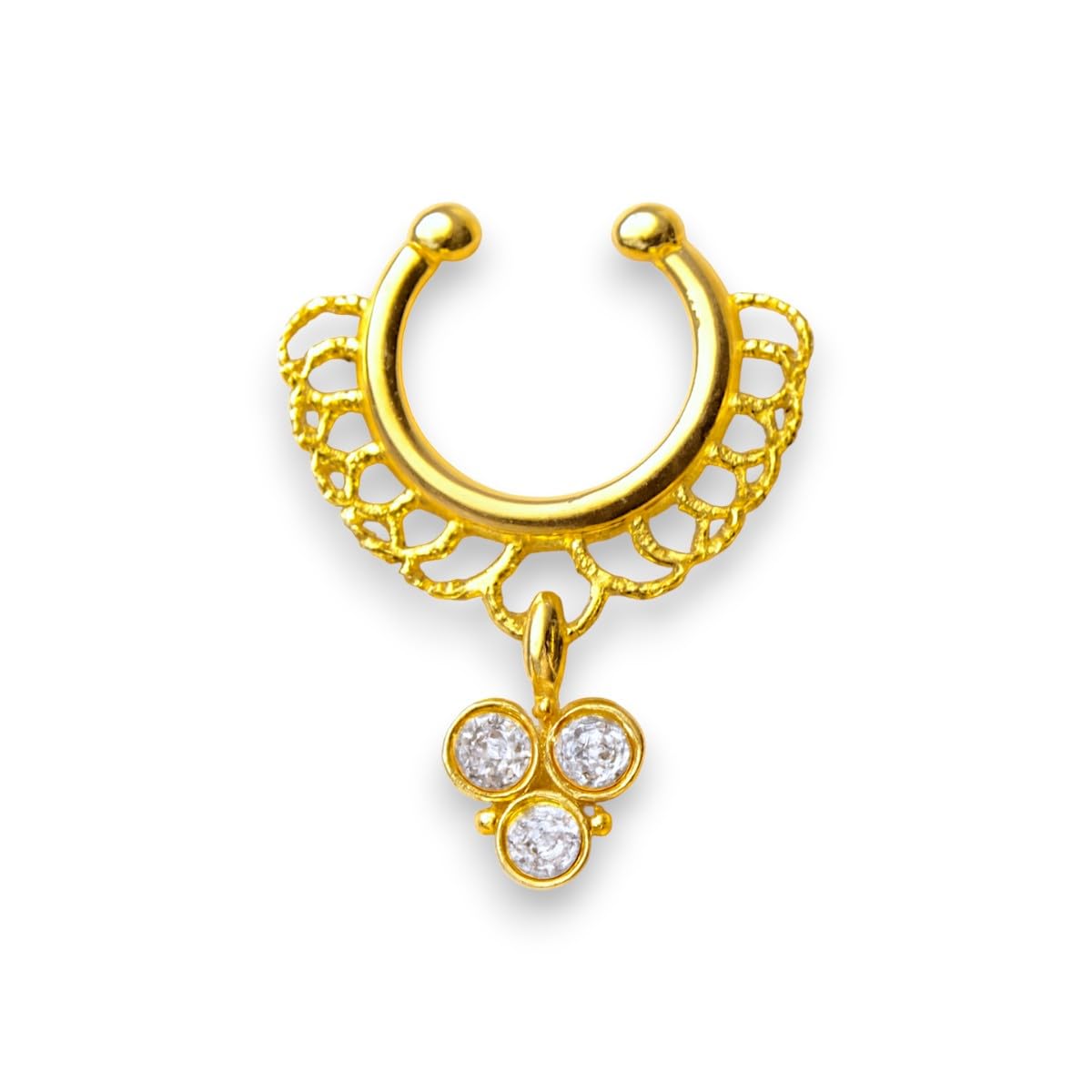 accessher Women's & Girls Traditional Gold-Tone Floral Clip-On Non-Pierced Middle Nose Ring with White Stone Drop Pressing Type Septum Nose Pin, Jewellery for Gift-picture-6