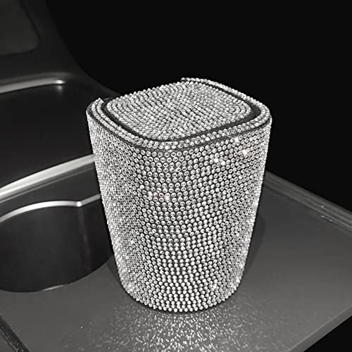 Image of Car Diamond-Encrusted Ashtray LED Lights with Cover Windproof and Odor-Proof Bling Bling Detachable Mini Car Trash Can Car Accessories for Vehicles Office Home Outdoor (White)