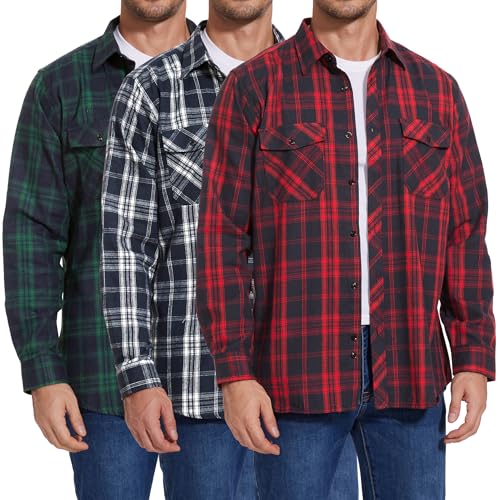 1/3 Pack Long Sleeve Flannel Shirt for Men Casual Plaid Button Down Shirt with Pockets