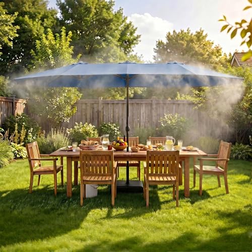 PIAOMTIEE 15 Ft Large Misting Patio Umbrella with Base Included Outdoor Cooling UV Umbrella with Rechargeable Mist System Type-C Charging Outdoor Sun Shade for Backyard Poolside Garden Navy Blue