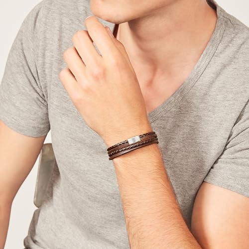 Image of Fossil Men's Casual Stainless Steel and Genuine Leather Bracelet for Men
