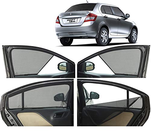 Image of Autofact Magnetic Car Sunshades Compatible with Maruti Swift Dzire (2012 to 2016) (Set of 4) - Easy Installation, UV Protection (Front 2 Half-Cut for Side Mirror Visibility, Rear 2 with Zippers)
