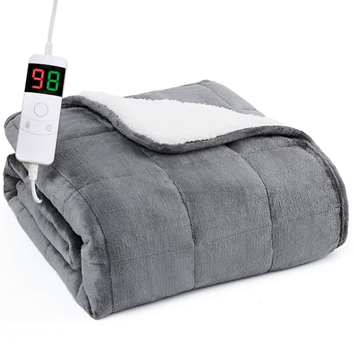L'AGRATY Heated Weighted Blanket for Adults - 50"x60" 10lbs Electric Throw Fast Heating Heavy Blanket 1/2/4/6/8 Hour Auto Off 10 Heat Levels Over-Heat Protection Soft Flannel Sherpa