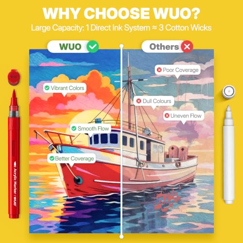 Image of WUO 84 Colors Acrylic Paint Markers Brush Tip with Automatic Ink Control | Water-based, no-bleed, waterproof acrylic paint pens for rock, wood, canvas, glass, ceramic, fabric and DIY crafts