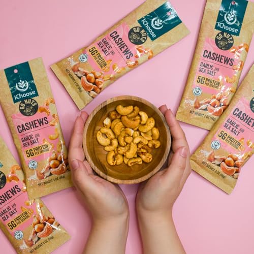 Image of IChoose Garlic Sea Salt Cashews, 2oz Individual Snack Packs (5 Count) - Roasted Garlic & Sea Salt Whole Cashews . Plant-Based Protein . Gluten Free . Office & Travel Snacks
