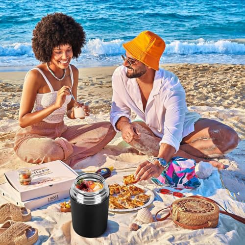 Image of YELONA Insulated Lunch Soup Pot with Folding Spoon & Lid Bowl | 316 Stainless Steel Double Vacuum Food Jar | Leakproof Hot & Cold Food Container for Office & Kids (Black)