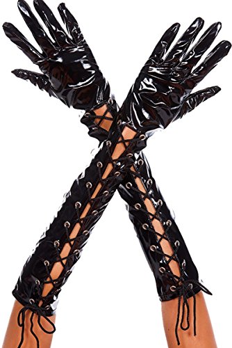 Wet Look Ribbon Lace Up Gloves, Black
