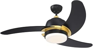 73041 Simone, moderner 122 cm LED-Deckenventilator mit Beleuchtung von Westinghouse Lighting, Ausführung in Mattschwarz mit goldfarbenen Akzenten, Opalmilchglas