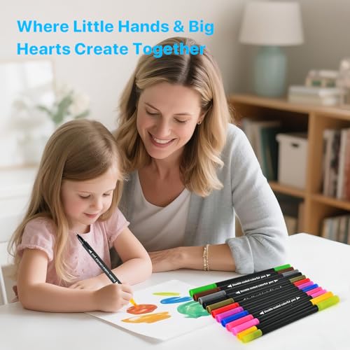 Dual Tip Markers for Adult Coloring Books No Bleeding – Gel Acrylic Paint (Fine & Brush) Pen for Sketching, Drawing, Rock Painting, Journaling, Non Bleed Art Marker Set for Kids/Teens. 12 Colors