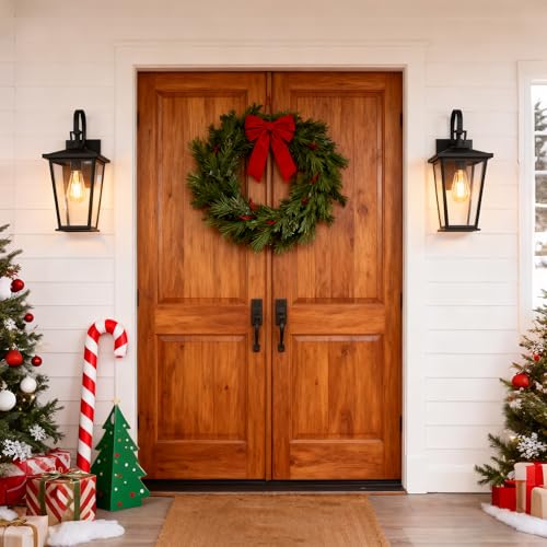 Image of Kalium Outdoor Wall Lights Fixtures Lantern Frame 16 1 /8 inch, Outside Lights Black Transitional Durable Metal, Clear Glass for Post Exterior Barn Deck House Porch Yard Patio Garage Garden