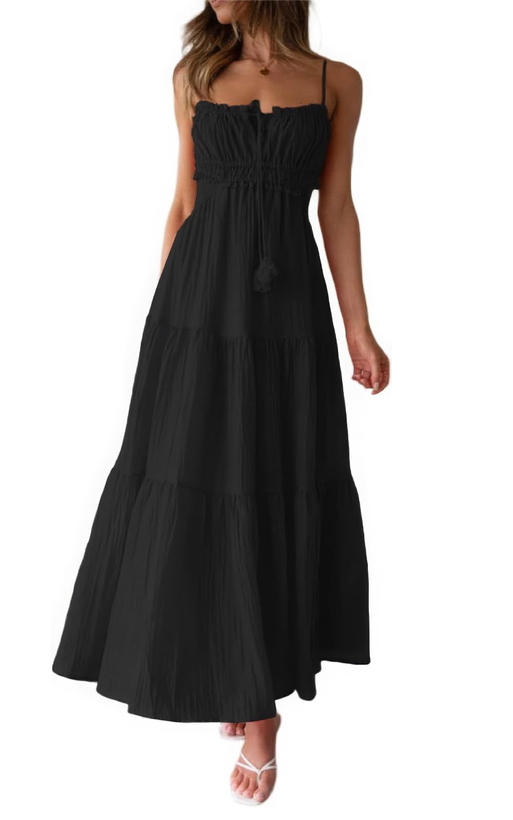 ebossy Women's Cut Out Ruffled Long Boho Dress Sexy Spaghetti Straps Open Back Flowy Sundress