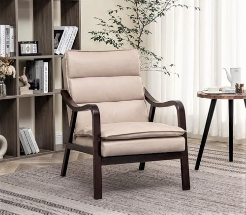 Mid Century Modern Accent Chair for Living Room, Bedroom or Office, Retro-Styled Armchair with Solid Wood Frame and Plush Cushioning, Spotted Microfiber, Light Camel
