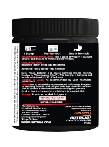 Image of NutriJa Weapon-X Pre-Workout Powder with 20 Active Ingredients -3 Best forms of Creatine, AAKG, Beta-Alanine, Caffeinated | Pumps, Viens Popping, Energy, Focus & Strength (60 Servings (Pineapple))