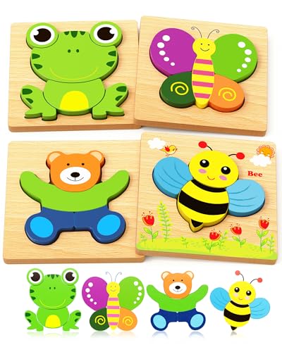 Image of Bekayshad Wooden Puzzles Toddler Toys Gifts for 1 2 3 Year Old Boys Girls, 4 Pack Animal Jigsaw Puzzles Montessori Toys, Learning Educational Christmas Birthday Gifts for Girls Boys Ages 1-3