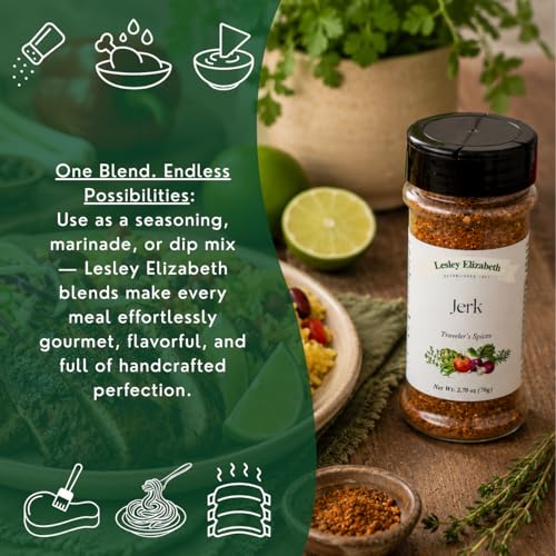 Image of Lesley Elizabeth Jerk Traveler's Spices - Authentic Caribbean Jerk Seasoning Blend for Chicken, Pork, Seafood & Veggies | Bold Heat & Island Flavor | Gourmet Rub for Grilling & Cooking