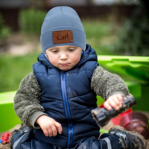 Custom Baby Beanie Hat Personalized Toddler Winter Hat Leather Patch Boys Girls Knit Warm Beanies for Infant, Kids Adults3