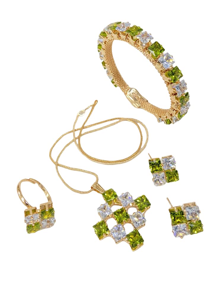 Elegant Jewellery Set | Bangle, Pendant, Earrings & Ring for Women & Girls | Micro Gold Plated | AD CZ Diamond Studded | Traditional, Modern, Wedding & Festival Wear Jewellery (Gold Finish-Green & White)