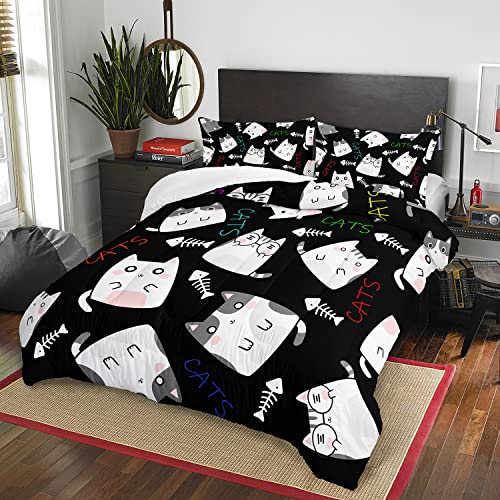 Ailonen Cartoon Cat Comforter Set Twin Size, Fish Bone Pattern Cat Bedding Set,Cute Grayish White Cat Duvet Set For Room Decor 3Pcs (1 Comforter + 2 Pillowcases) #TOP1