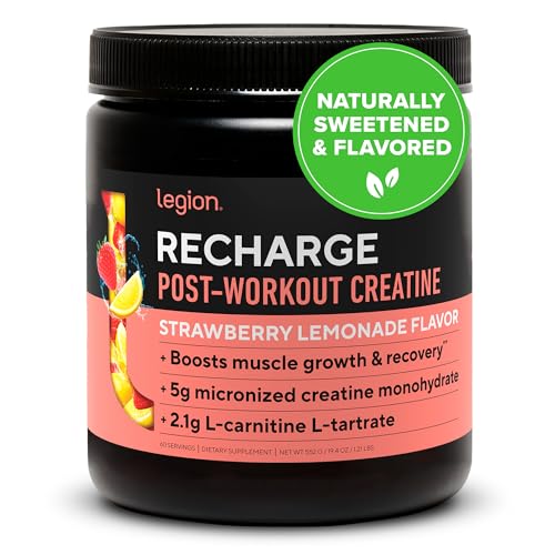 LEGION Recharge Post Workout Supplement (Strawberry Lemonade) - All Natural Muscle Builder & Recovery Drink with Micronized Creatine Monohydrate. Naturally Sweetened & Flavored 60 Serving