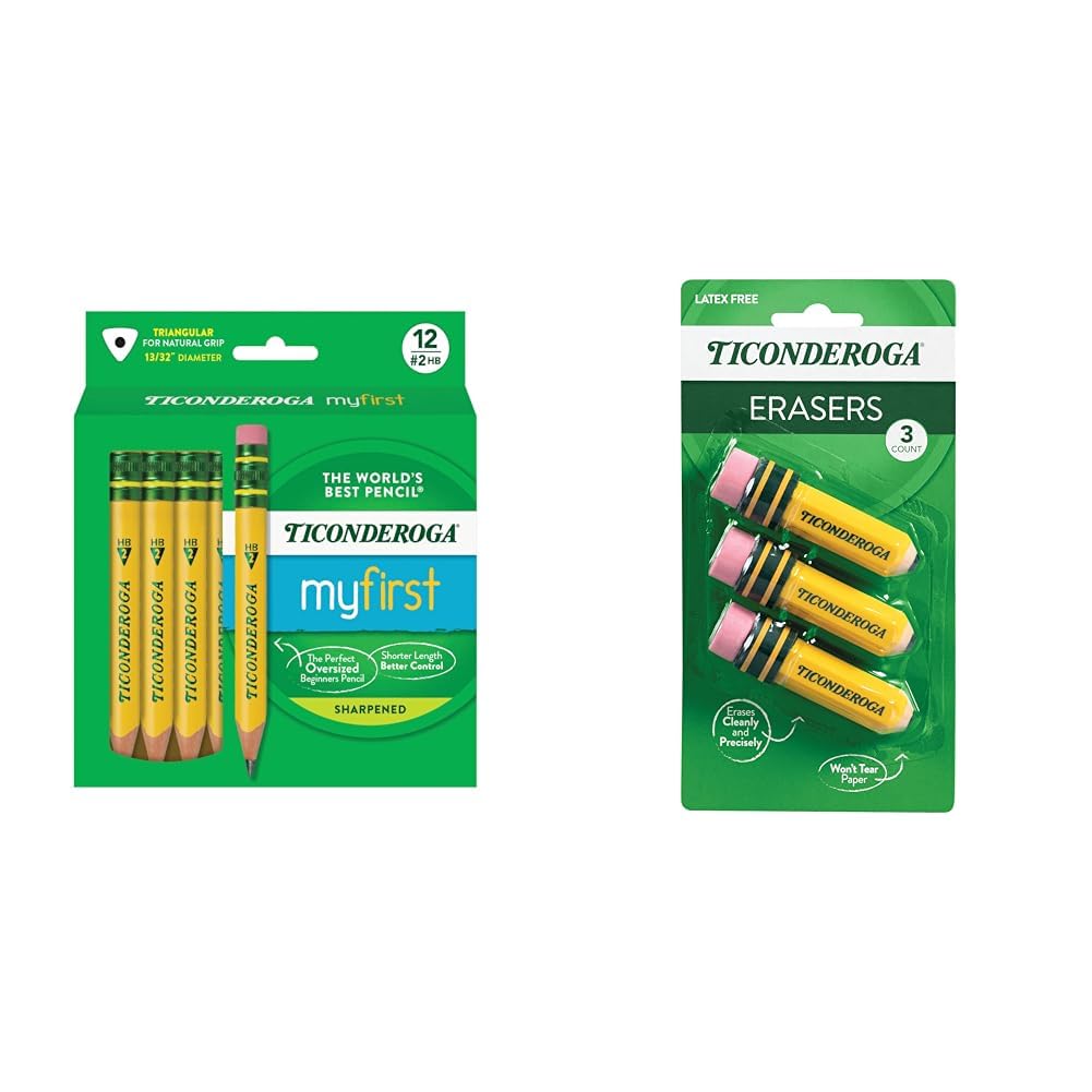 Ticonderoga My First Short Triangular Wood-Cased Pencils, 2 HB Soft, 12 Count Erasers, Pencil Shaped, 3-Pack Bundle