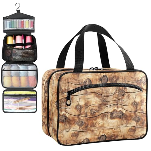 YNNALE Sewing Supply Organizer Bag, Rustic Wood Grain Tree Patterned Portable Sewing Bags with Pockets&Hanger, Sewing Storage Box Case for Sew Supplies/Kit/Tools/Accessories (BAG ONLY)