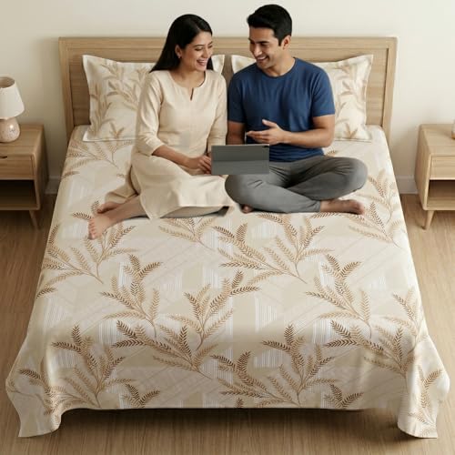 Image of Mafatlal 186 TC Metro Cotton Double Bed Bedsheet | 90x100 Inch|Soft, Breathable & Lightweight | Includes 2 Pillow Covers| Cream Gold 1