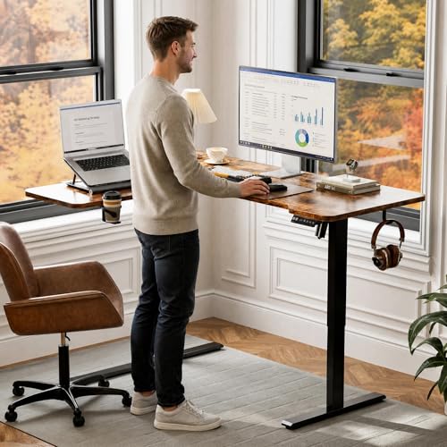Image of Acrolix L Shaped Electric Standing Desk - 59x40 Inch Reversible Corner Sit Stand Desk with Hook&Cup Holder,Electric Height Adjustable Table,for Home Office Gaming Computer Desk, Rustic Brown